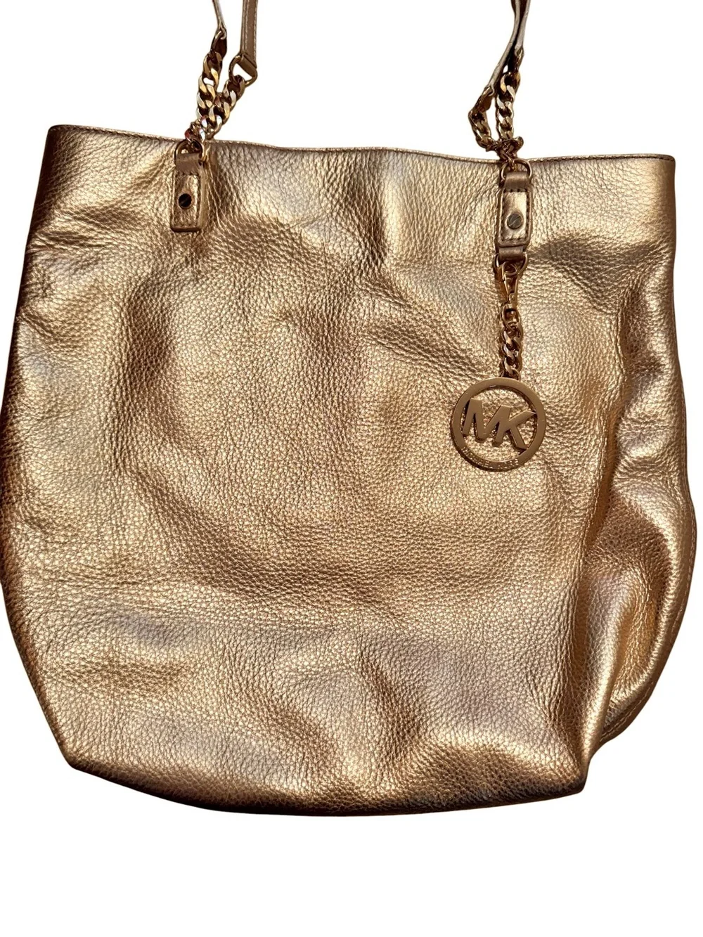 Michael Kors Gold Metallic Pebbled Leather Tote Bag Wallet Set NWOT Chain Accent